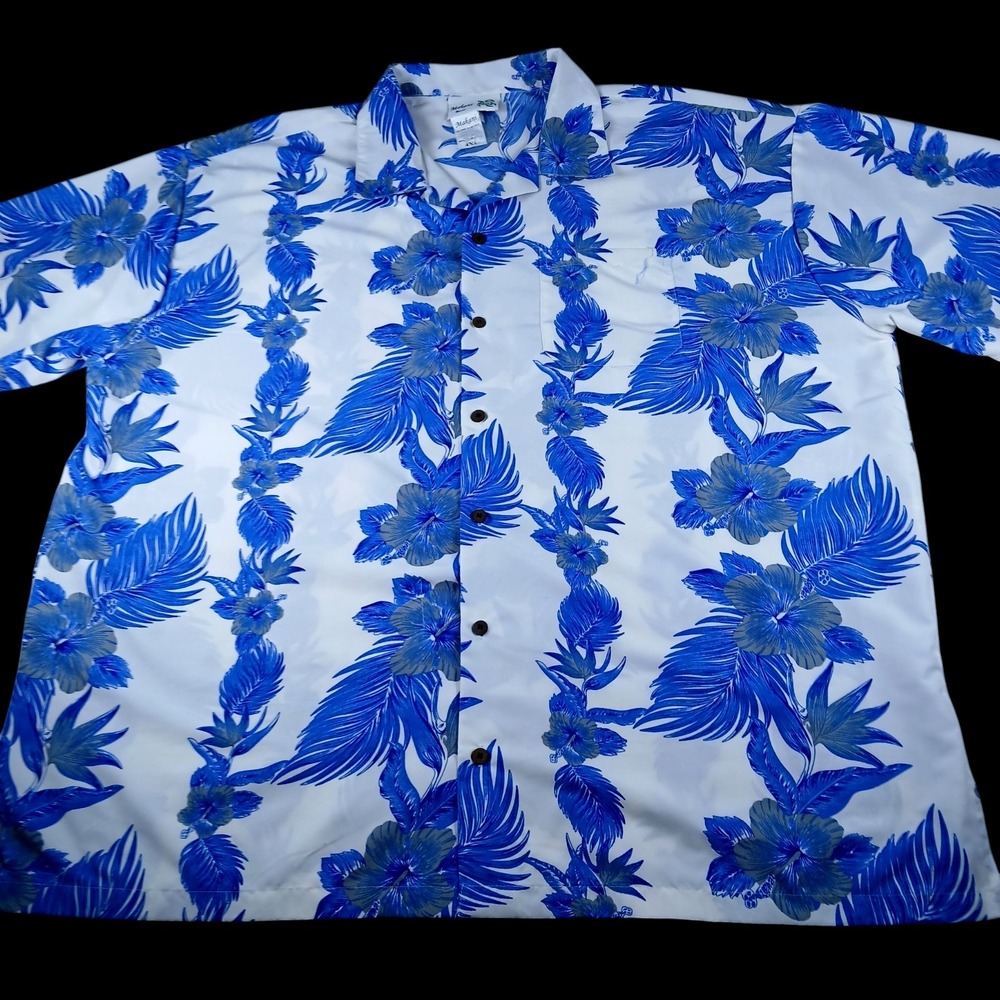 Makani Hawaii Men's 4XL Shirt Blue White Leaf and Flower Print Side Vents